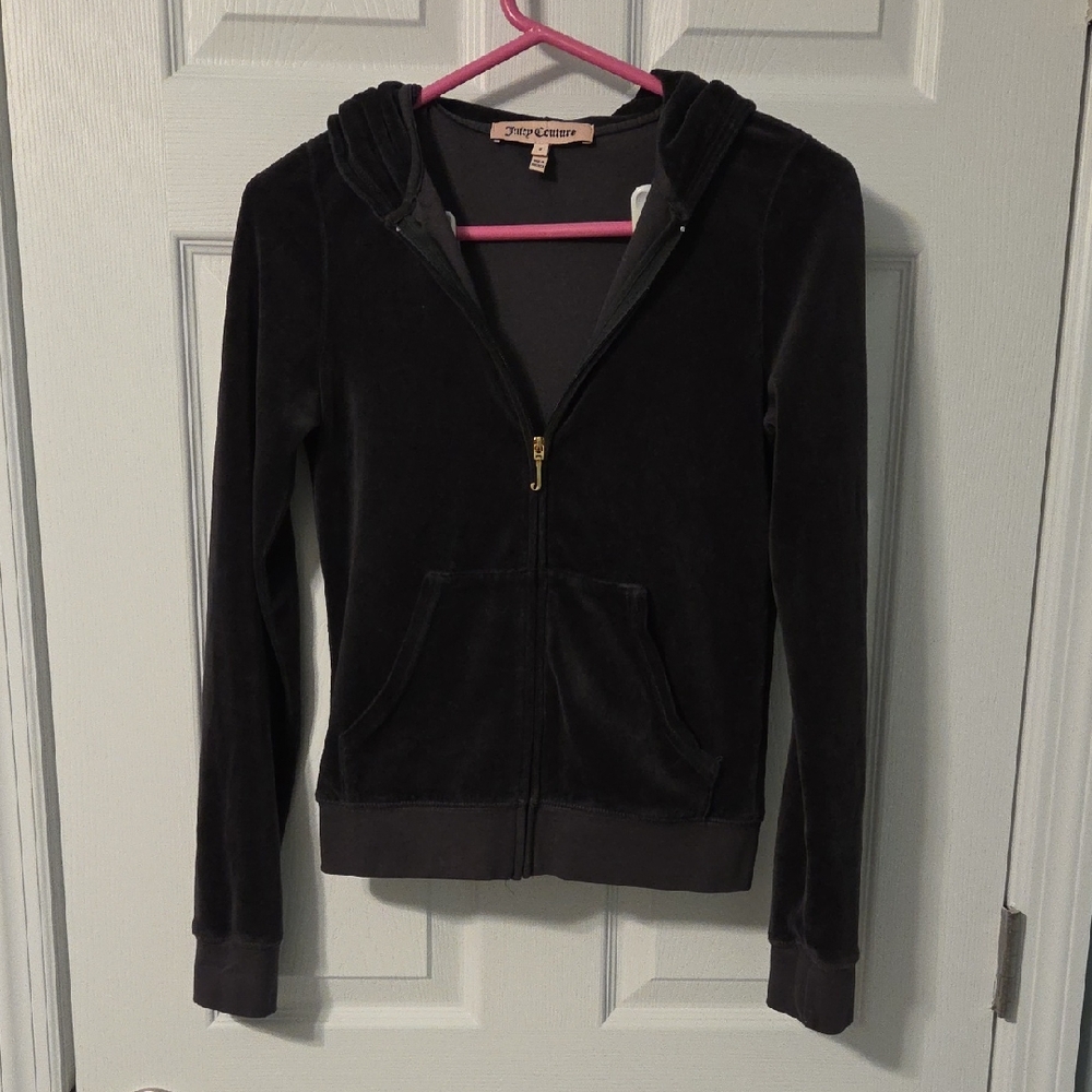 Vintage Y2k Juicy Couture VELOUR Charcoal Grey Zip Up Hoodie Sz. S Gold J Pull
